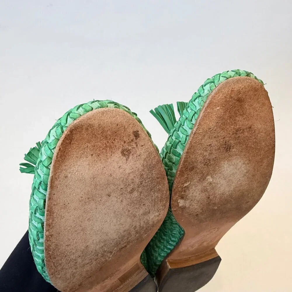 Ann Marshburn Woven Leather Tassel Loafers Green Size 40